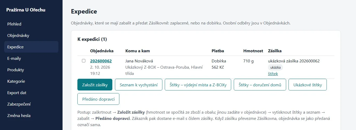 Velín, Expedice: objednávka k odeslání, tlačítka Založit zásilky, Seznam k vychystání, Štítky a Předáno dopravci