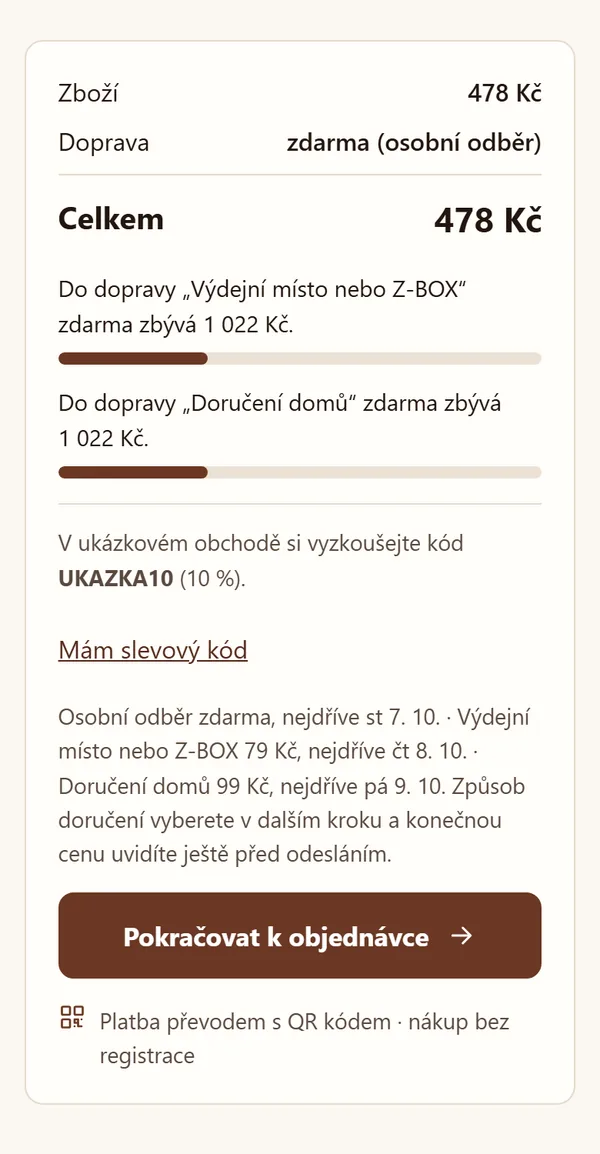 Košík na telefonu: součet, kolik zbývá do dopravy zdarma, slevový kód a termíny doručení